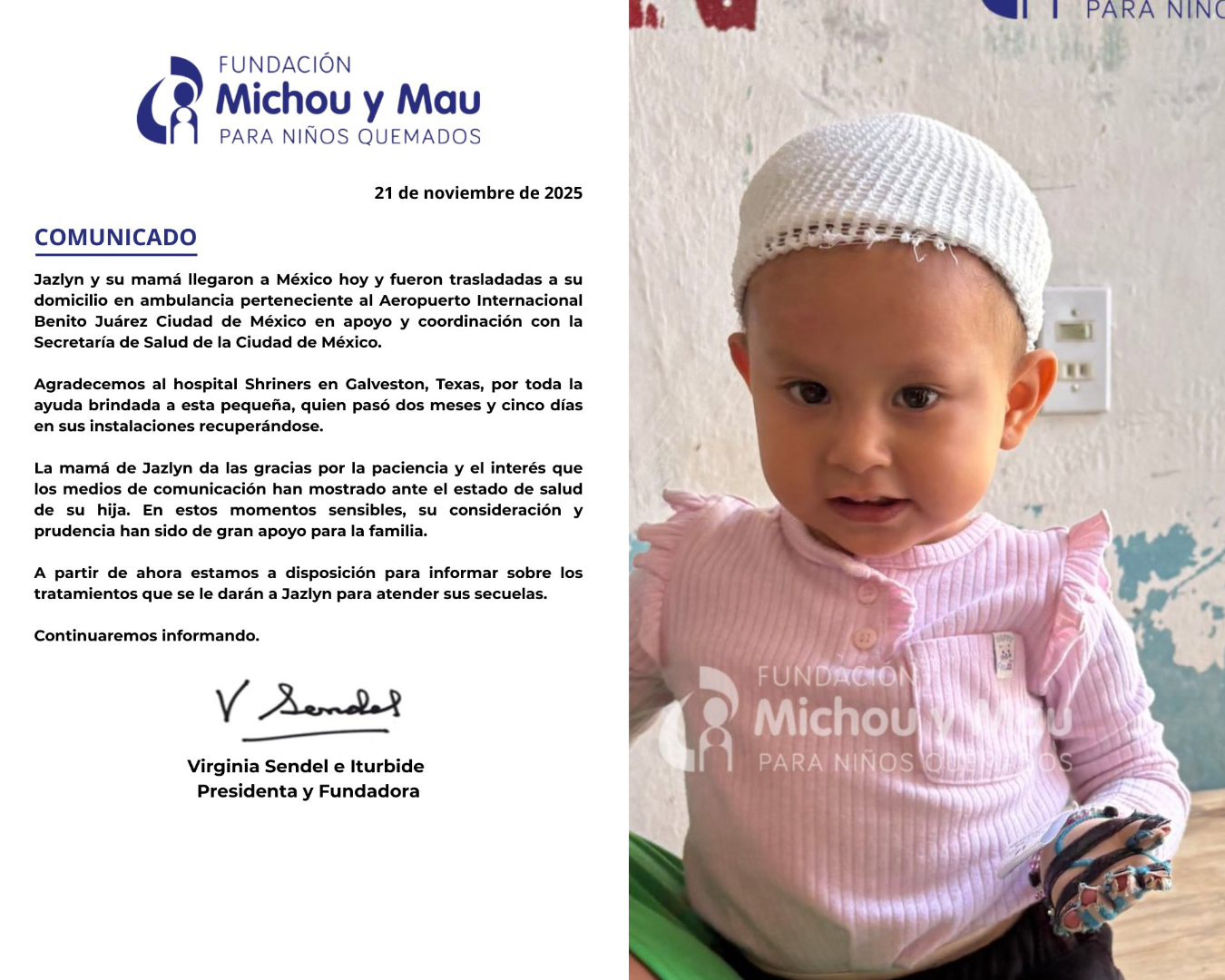 Jazlyn, la bebé que sobrevivió a la explosión en La Concordia, volvió a México tras más de dos meses de atención médica en Texas.