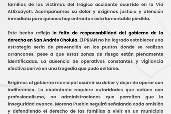 Morena Puebla responsabilizó al gobierno de San Andrés Cholula tras otro accidente fatal en la Vía Atlixcáyotl, pero usuarios cuestionaron el señalamiento al recordar que la vialidad es de jurisdicción estatal desde 2021.