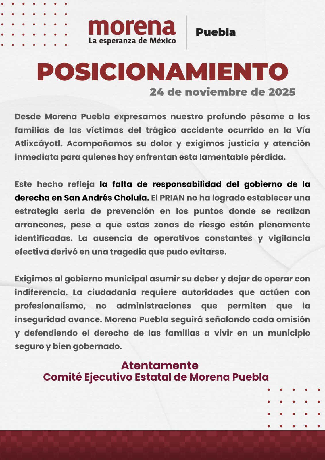 Morena Puebla responsabilizó al gobierno de San Andrés Cholula tras otro accidente fatal en la Vía Atlixcáyotl, pero usuarios cuestionaron el señalamiento al recordar que la vialidad es de jurisdicción estatal desde 2021.