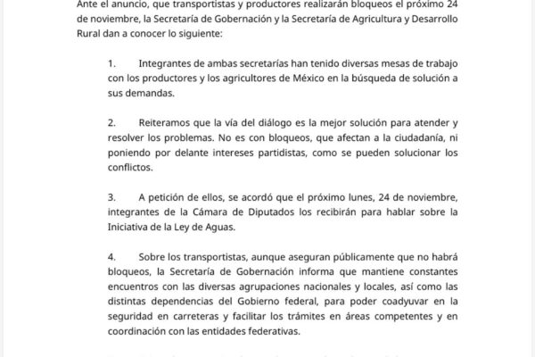 Segob y Sader llamaron a transportistas y productores a evitar bloqueos y mantener el diálogo institucional, previo al mega bloqueo convocado para el 24 de noviembre.