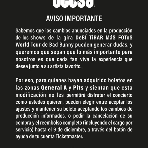 Bad Bunny responde a la inconformidad por cambios en el escenario: fans de General A y Pits podrán pedir reembolso completo antes del 9 de diciembre.