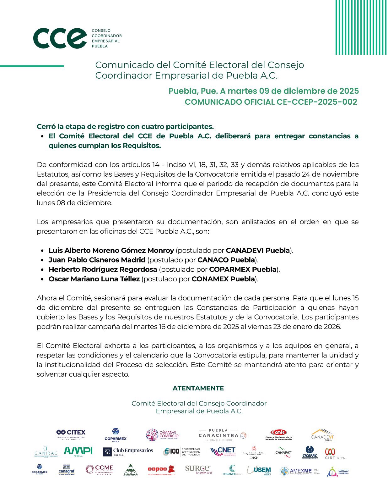 Cuatro empresarios se disputan la presidencia del CCE Puebla