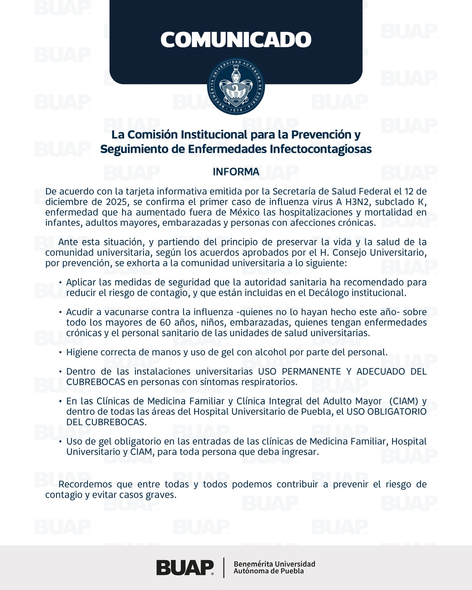 BUAP refuerza uso de cubrebocas, vacunación y protocolos sanitarios en sus instalaciones.