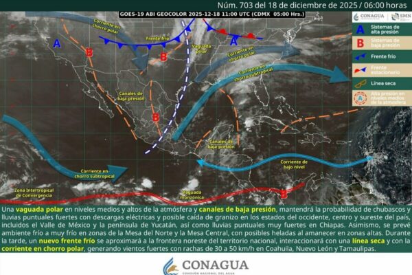El cierre de la semana vendrá con descensos de temperatura hasta lluvias y rachas de viento con la entrada del Frente frío 22. IMAGEN: CONAGUA.