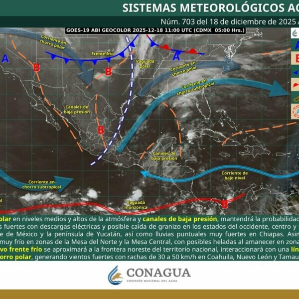 El cierre de la semana vendrá con descensos de temperatura hasta lluvias y rachas de viento con la entrada del Frente frío 22. IMAGEN: CONAGUA.