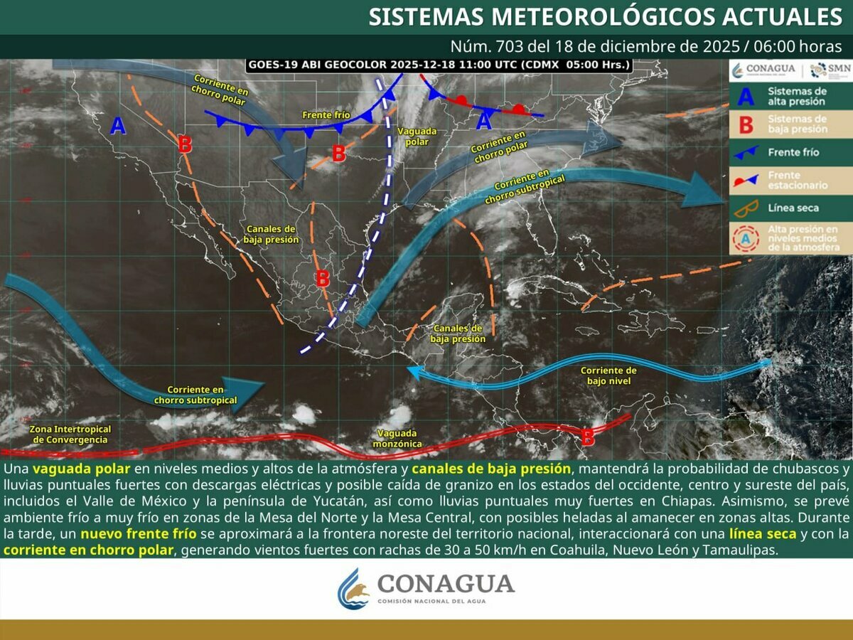 Frente frío 22 ingresará a México el 19 de diciembre y provocará heladas y lluvias