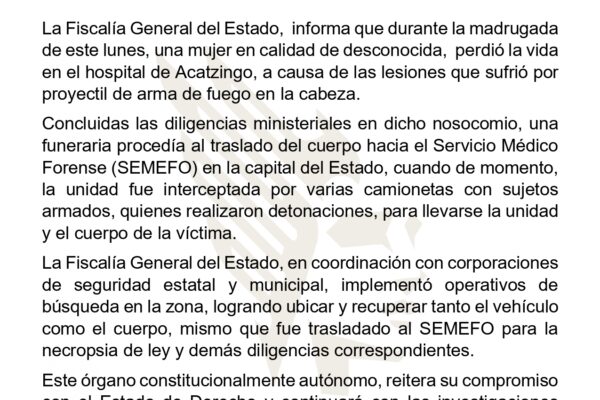 Comunicado de Fiscalía General del Estado de Puebla.