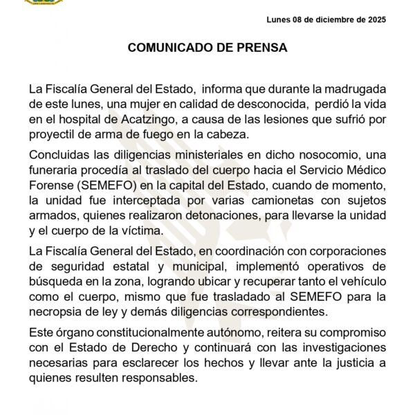 Comunicado de Fiscalía General del Estado de Puebla.