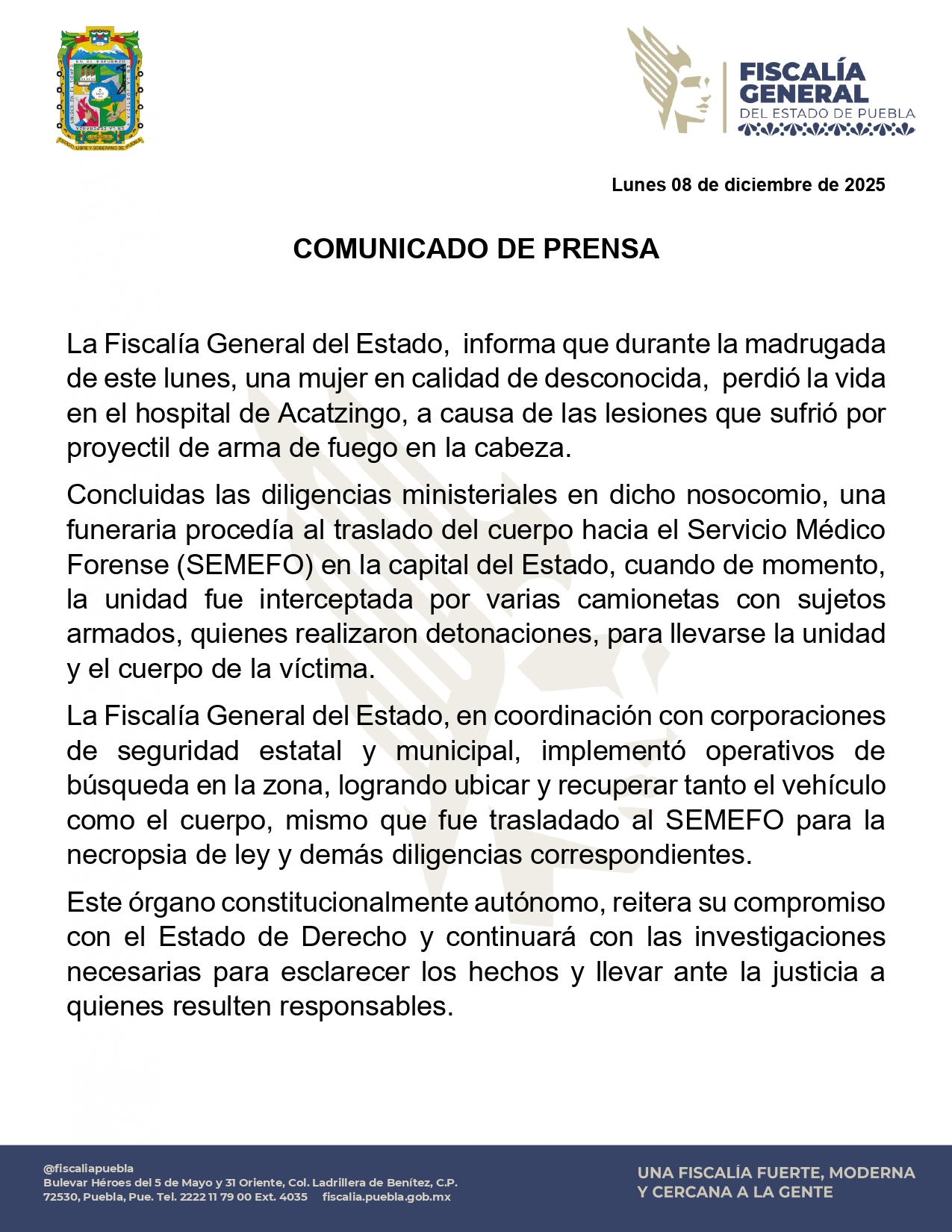 Comunicado de Fiscalía General del Estado de Puebla.