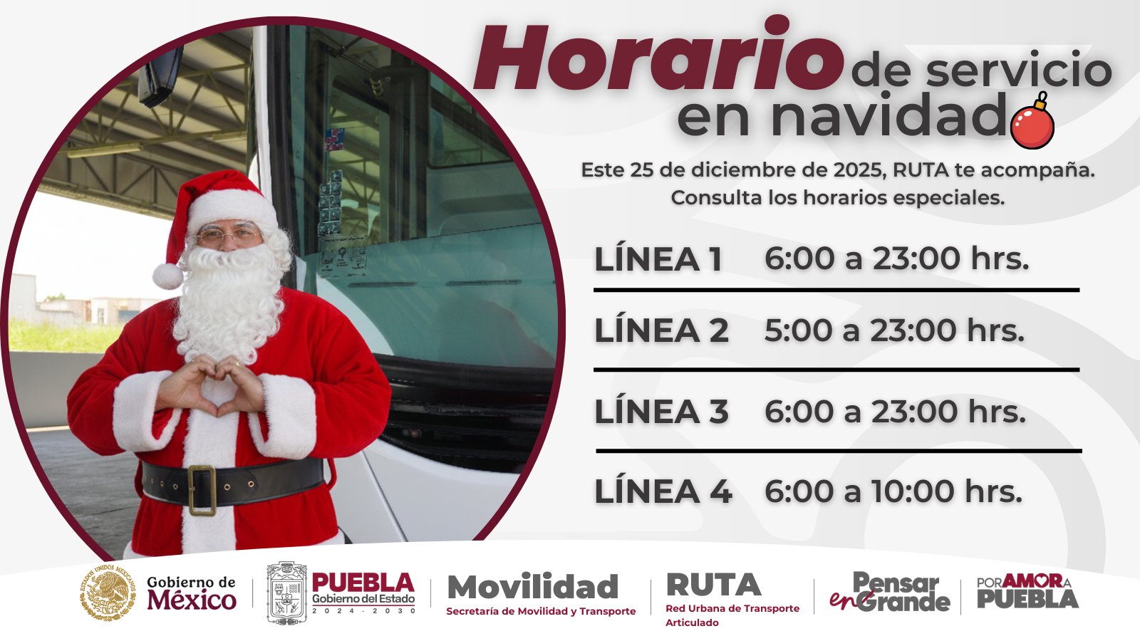 Horarios especiales del RUTA para este 25 de diciembre de 2025.