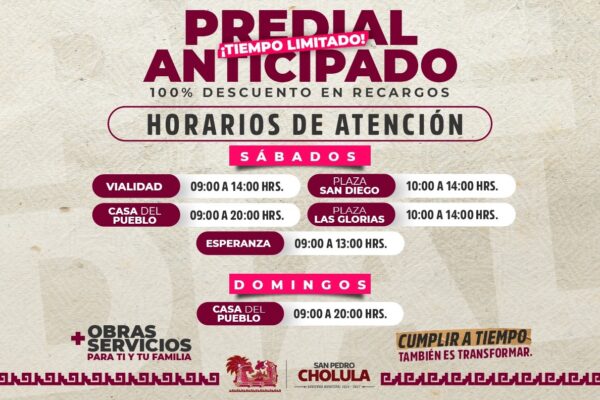 Contribuyentes de San Pedro Cholula pueden acceder hasta el 31 de diciembre a los mayores descuentos en el pago del predial.