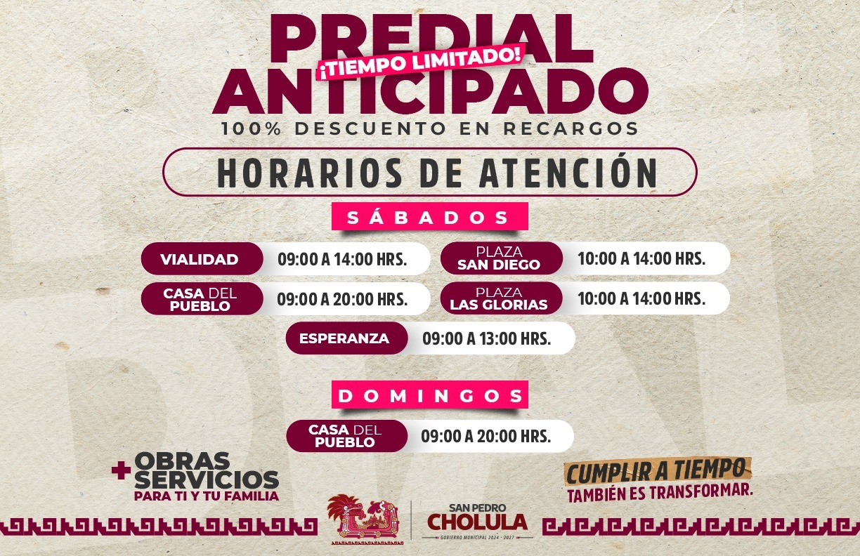 Últimos días para aprovechar descuentos al predial en San Pedro Cholula