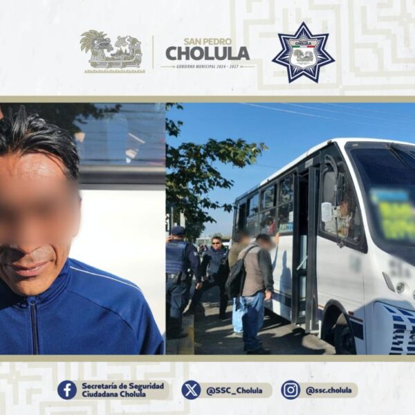 Acción coordinada permite el aseguramiento de un probable responsable relacionado con actos ilícitos en transporte público en San Pedro Cholula