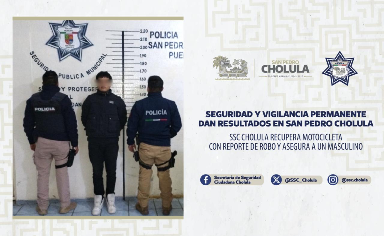 Policía de Cholula recupera motocicleta robada y detienen a un hombre en Plaza San Diego
