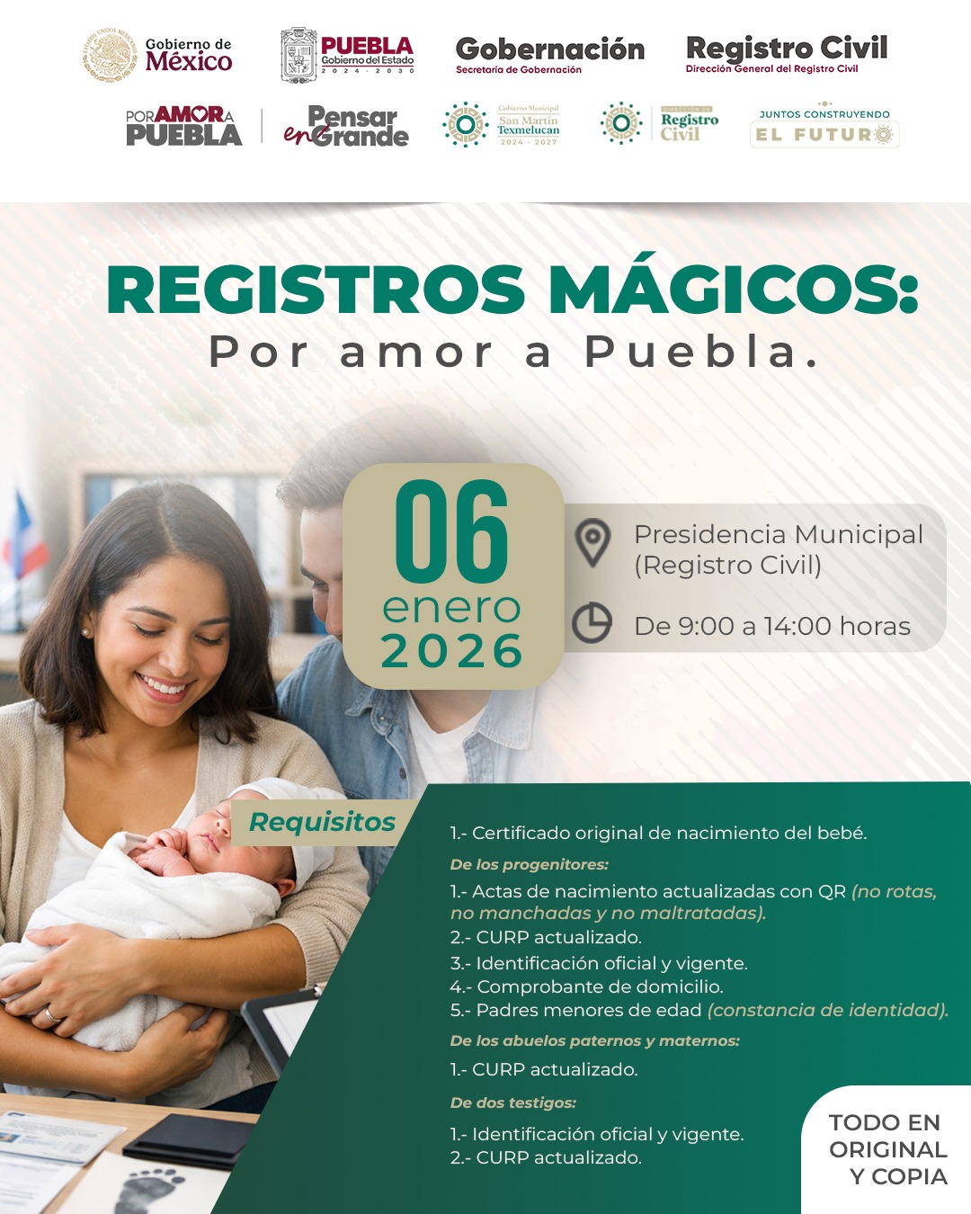 Estado y municipio realizarán jornada gratuita de registros de nacimiento en Texmelucan