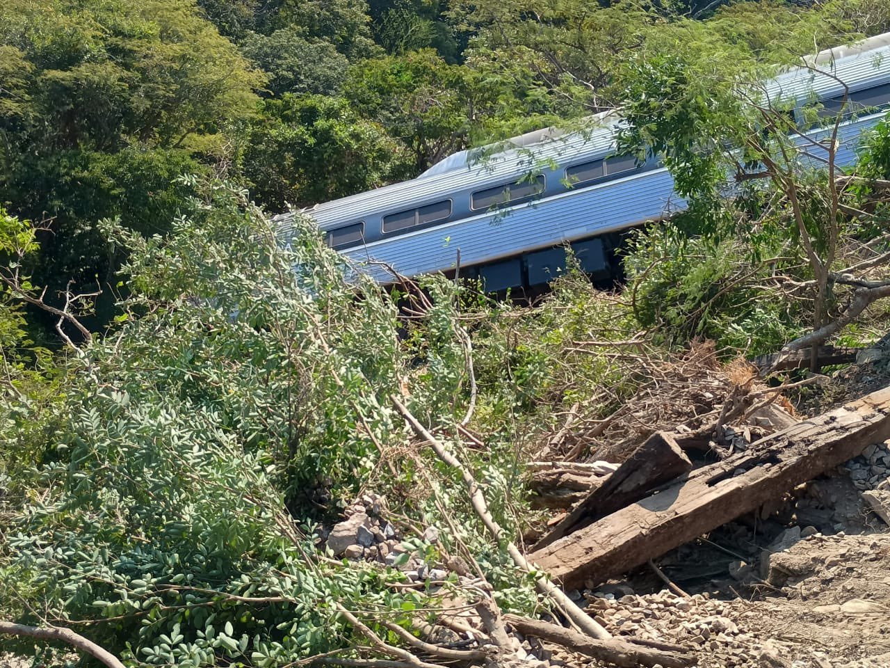 Una unidad de la Línea Z del Tren Interoceánico sufrió un descarrilamiento este domingo en Oaxaca. FOTO: X @EdwinMComunica.