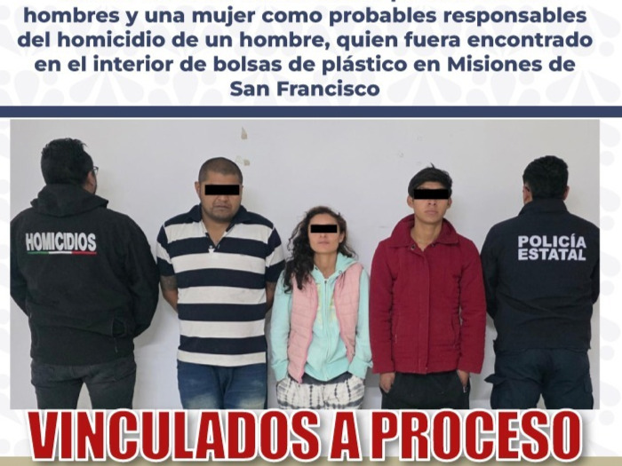 FGE vinculó a proceso a dos hombres y una mujer por el homicidio de un hombre cuyo cuerpo fue hallado embolsado en un contenedor en Misiones de San Francisco, Coronango.