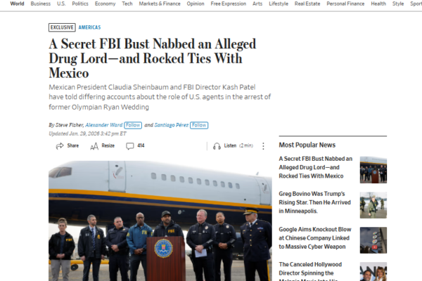 The Wall Street Journal aseguró que agentes del FBI participaron en la detención en México de Ryan Wedding; el Gobierno mexicano lo niega y afirma que no hubo operación extranjera.