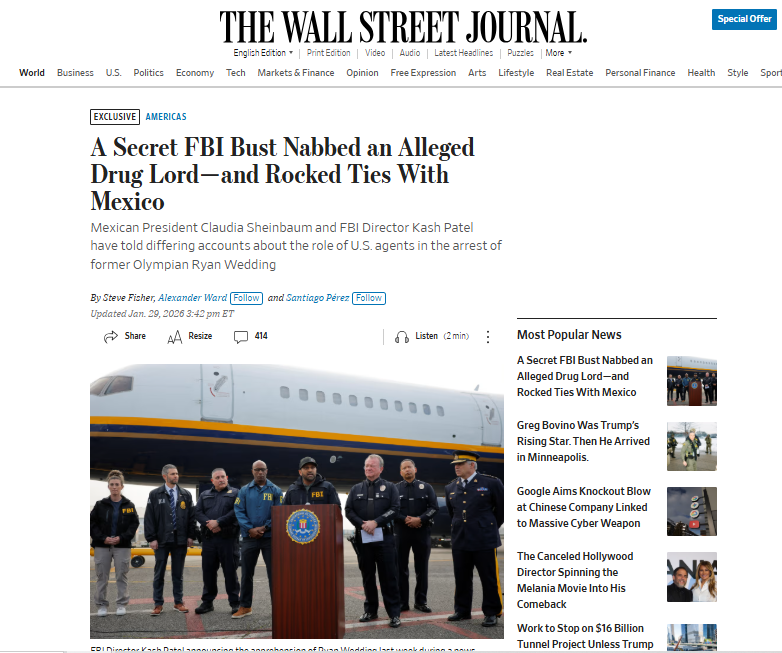 The Wall Street Journal aseguró que agentes del FBI participaron en la detención en México de Ryan Wedding; el Gobierno mexicano lo niega y afirma que no hubo operación extranjera.