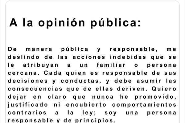 Atanacio Luna se deslindó públicamente de un familiar