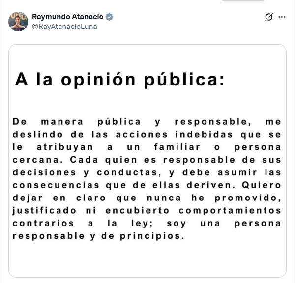 Atanacio Luna se deslindó públicamente de un familiar