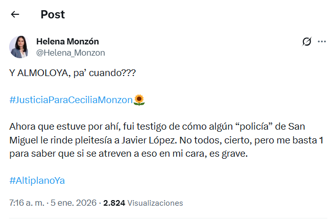 Helena Monzón pide traslado de Javier López Zavala al penal del Altiplano