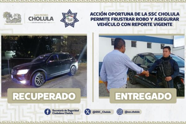 Frustran robo en Plaza San Diego: policías de San Pedro Cholula recuperaron una camioneta Volkswagen Taos tras un operativo.