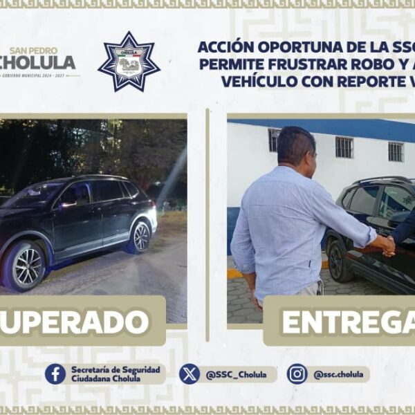 Frustran robo en Plaza San Diego: policías de San Pedro Cholula recuperaron una camioneta Volkswagen Taos tras un operativo.