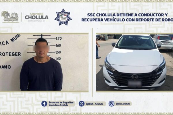 La SSC de San Pedro Cholula aseguró un vehículo robado y detuvo a su conductor en el Barrio de San Juan Calvario.