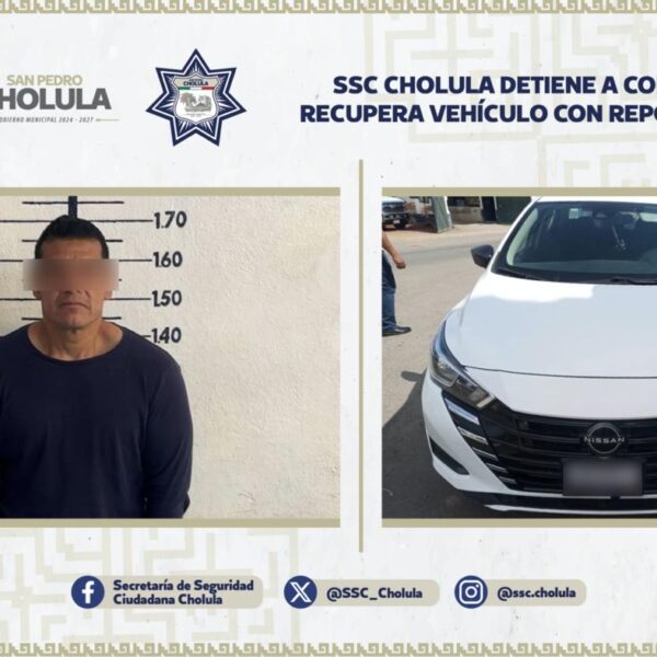 La SSC de San Pedro Cholula aseguró un vehículo robado y detuvo a su conductor en el Barrio de San Juan Calvario.
