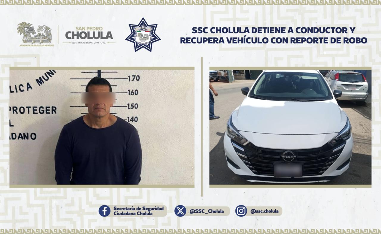 La SSC de San Pedro Cholula aseguró un vehículo robado y detuvo a su conductor en el Barrio de San Juan Calvario.