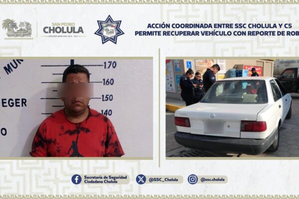 Autoridades de San Pedro Cholula recuperaron un vehículo con reporte de robo sobre el bulevar Forjadores, tras identificación del C5.