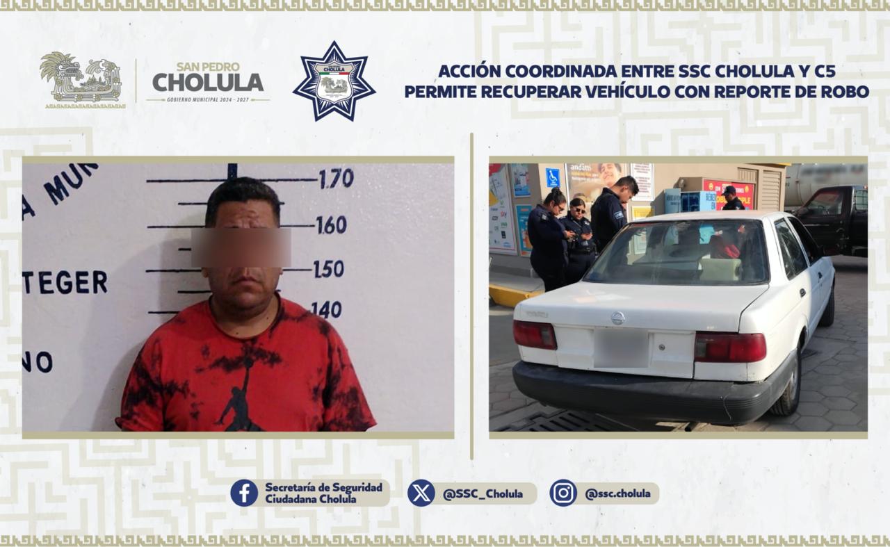 Autoridades de San Pedro Cholula recuperaron un vehículo con reporte de robo sobre el bulevar Forjadores, tras identificación del C5.