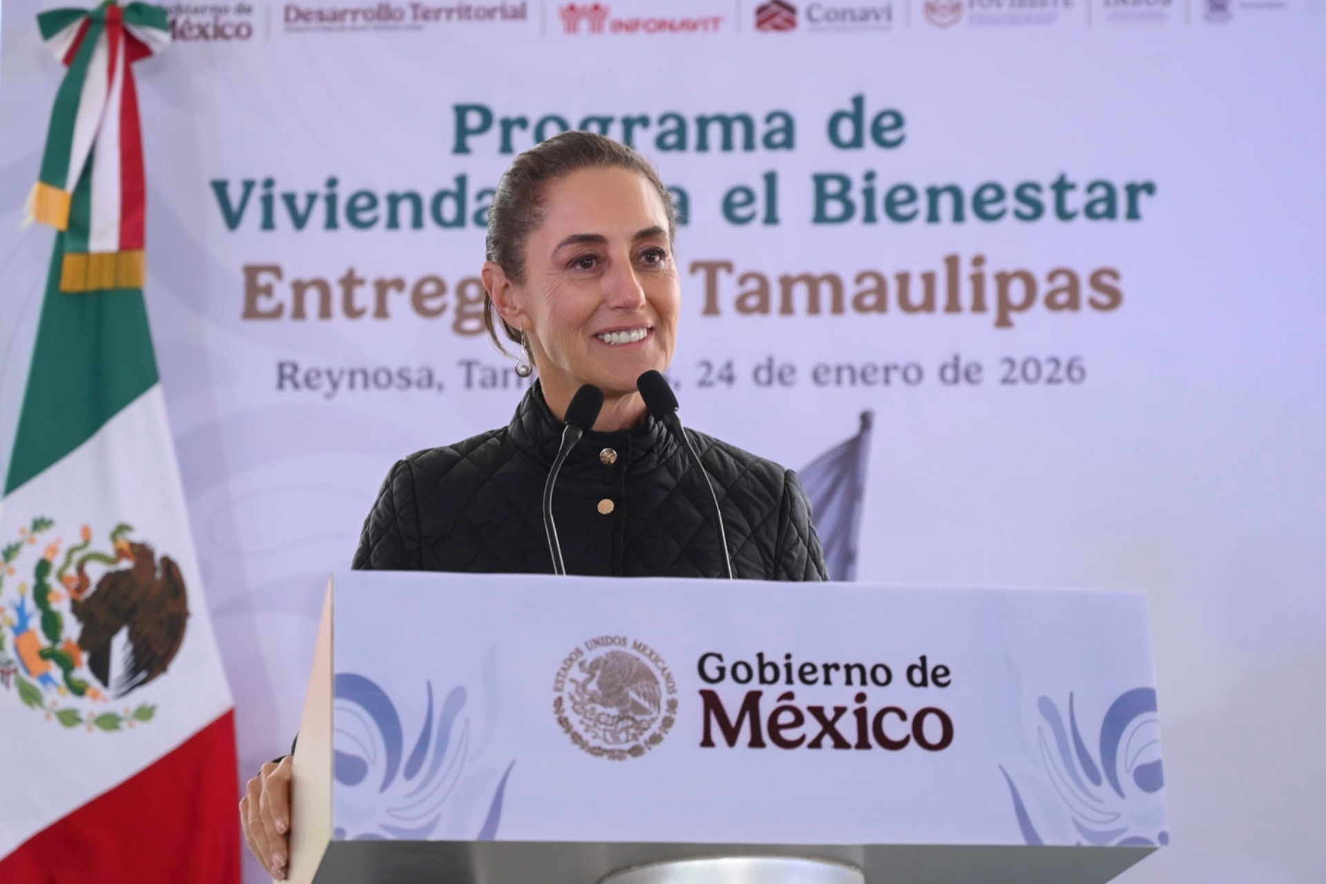 En un evento en Tamaulipas, la presidenta reafirmó la condición de 'no subordinación' ante Estados Unidos. Foto: Saúl López / Presidencia.