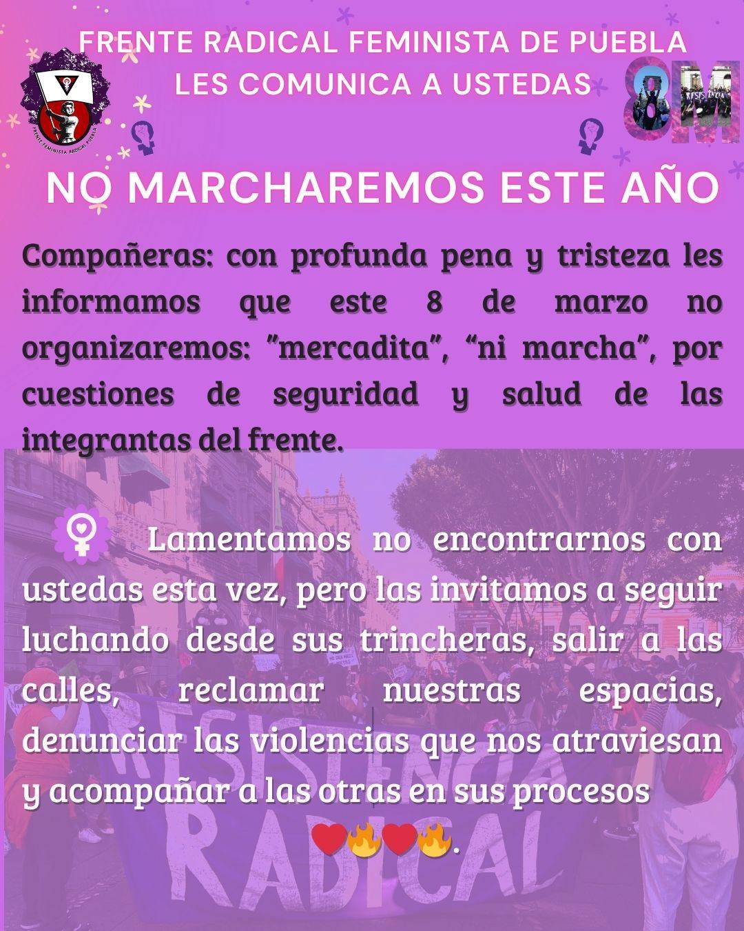 El Frente Radical Feminista y "Chicas de la 14" anuncian que no marcharán este 8 de marzo en Puebla.