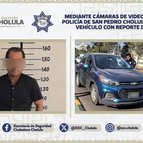 Un operativo coordinado entre el Gobierno del Estado y la SSC de San Pedro Cholula permitió la detención de un hombre que conducía una camioneta con reporte de robo vigente.