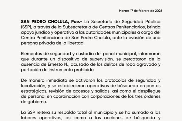 Tras un pase de lista en el Centro Penitenciario de San Pedro Cholula, detectaron la ausencia de Ernesto N.