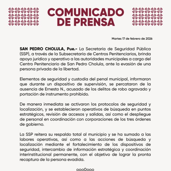 Tras un pase de lista en el Centro Penitenciario de San Pedro Cholula, detectaron la ausencia de Ernesto N.