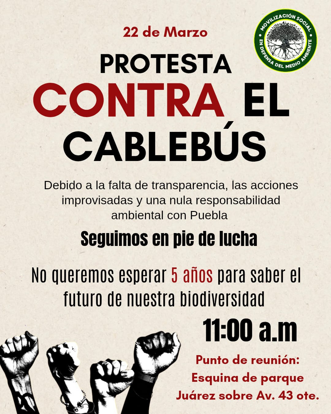 Colectivos convocan a nueva protesta contra el Cablebús en Puebla este 22 de marzo; partirá del Parque Juárez.