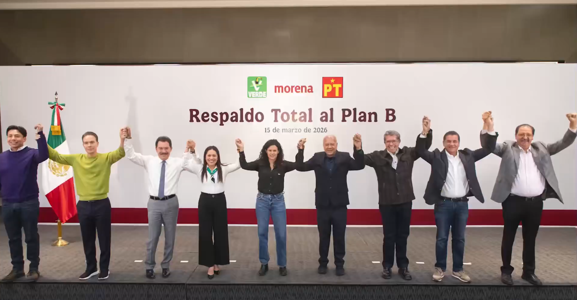 Dirigencias nacionales de Morena, el Partido del Trabajo y el Partido Verde anunciaron su respaldo al plan B de la reforma electoral. IMAGEN: X @LuisaAlcalde.