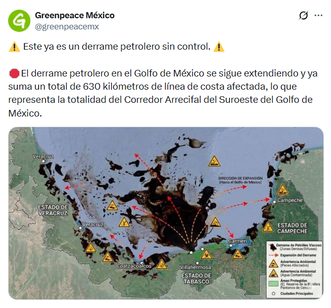 Greenpeace alerta derrame “sin control” en el Golfo de México; mancha ya afecta 630 km de litoral