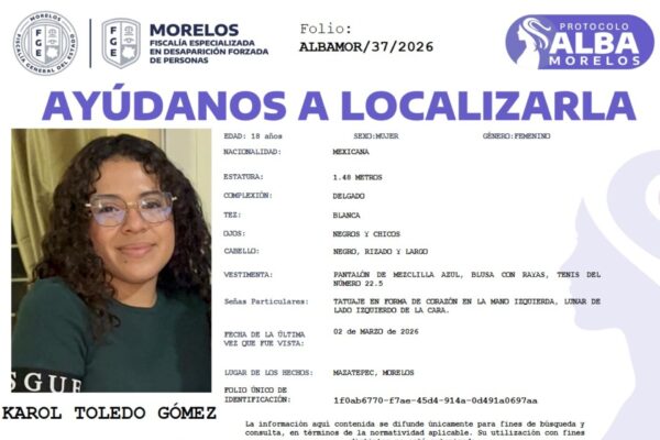 Nueva alerta en Morelos: buscan a Karol Toledo Gómez, alumna de la Universidad Autónoma del Estado de Morelos.