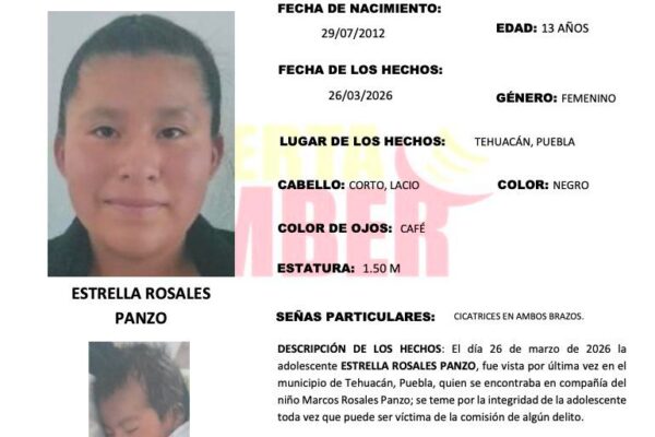 Estrella tiene solo 13 años y desapareció junto a su bebé de un mes en la colonia Tepeyac de Tehuacán.