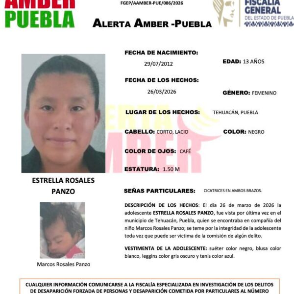 Estrella tiene solo 13 años y desapareció junto a su bebé de un mes en la colonia Tepeyac de Tehuacán.
