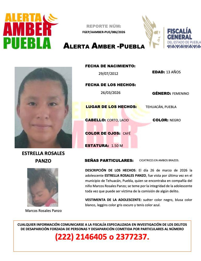 Estrella tiene solo 13 años y desapareció junto a su bebé de un mes en la colonia Tepeyac de Tehuacán.