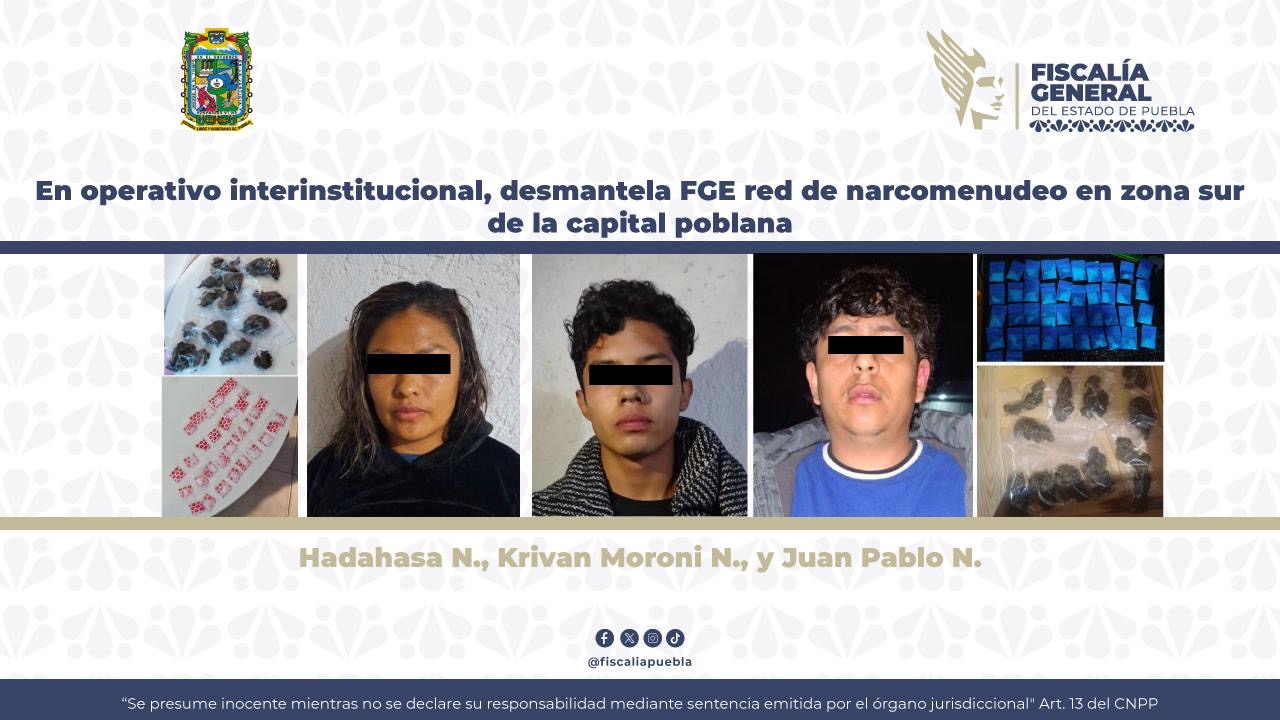 Una serie de denuncias vecinales derivó en un operativo que dejó al descubierto una red activa de distribución de droga. IMAGEN: FGE Puebla.