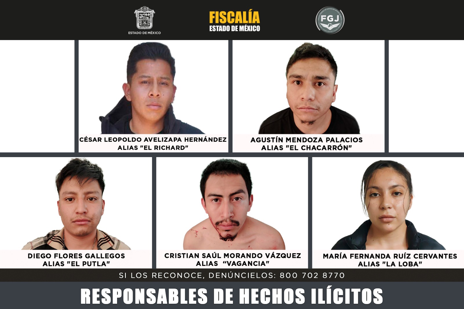 Condenan a 600 años de prisión a cinco integrantes del CJNG por triple homicidio en el Edomex. FOTO: FGJ Edomex.