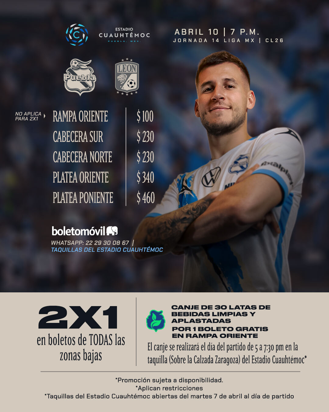 La oferta es válida en todas las zonas bajas, con precios que oscilan entre los 230 y 460 pesos. IMAGEN: Club Puebla.