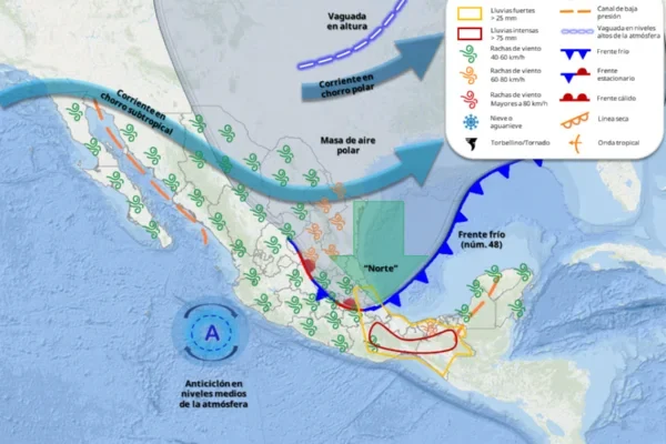 Frente frío 48 provocará lluvias, granizo y vientos de hasta 100 km/h durante el puente del 1 de mayo. MAPA: SMN.