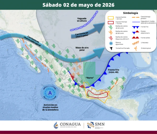 Frente frío 48 provocará lluvias, granizo y vientos de hasta 100 km/h durante el puente del 1 de mayo. MAPA: SMN.